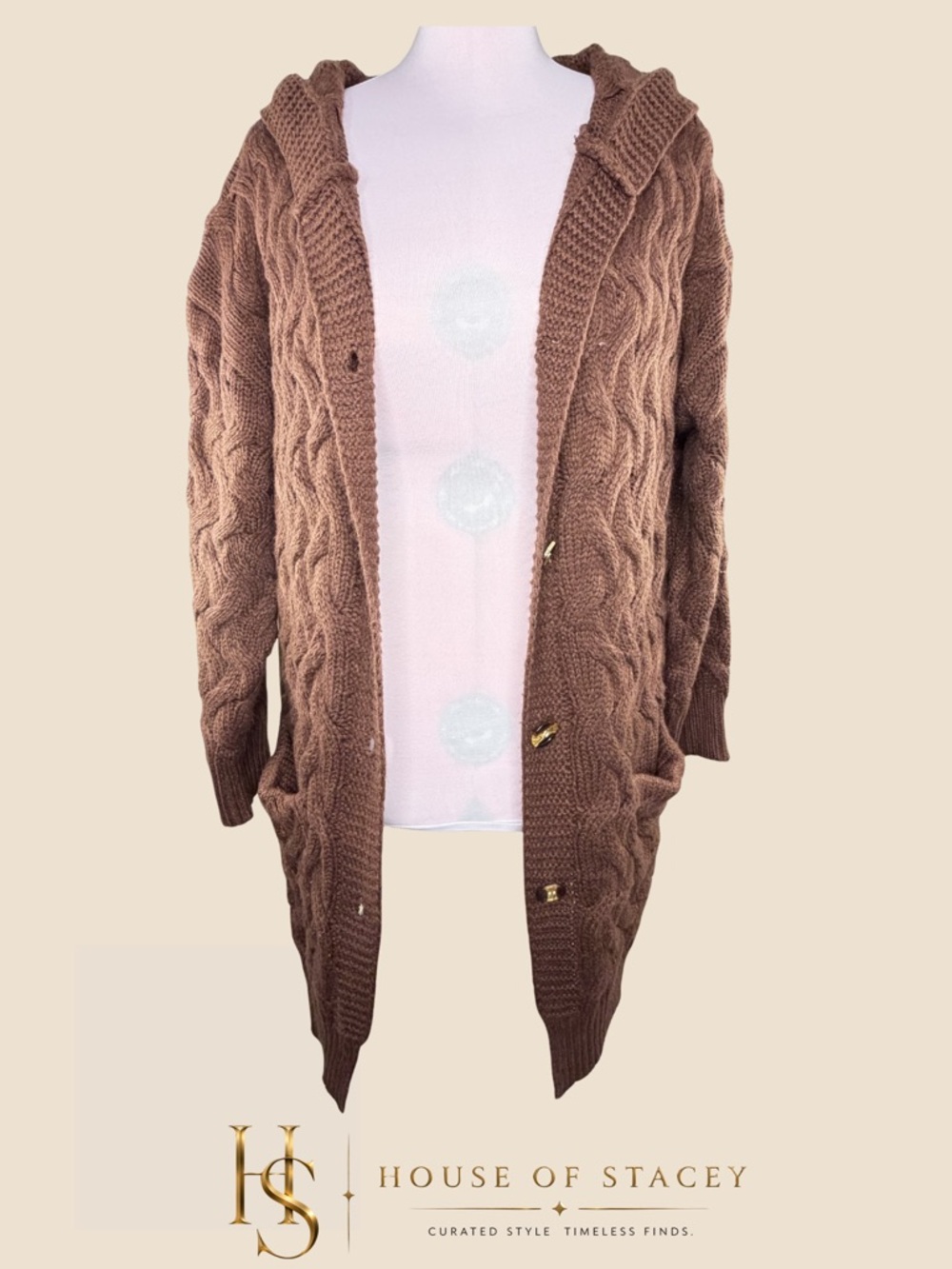 Oversized Hooded Cable Knit Cardigan Sweater XL Brown Longline